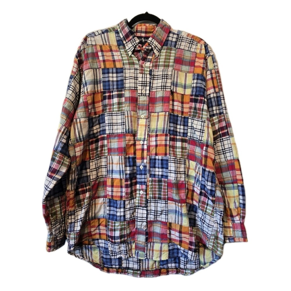 Vintage 90s Y2K Polo Ralph Lauren Madras Plaid Shirt Men's LG Cotton Patchwork